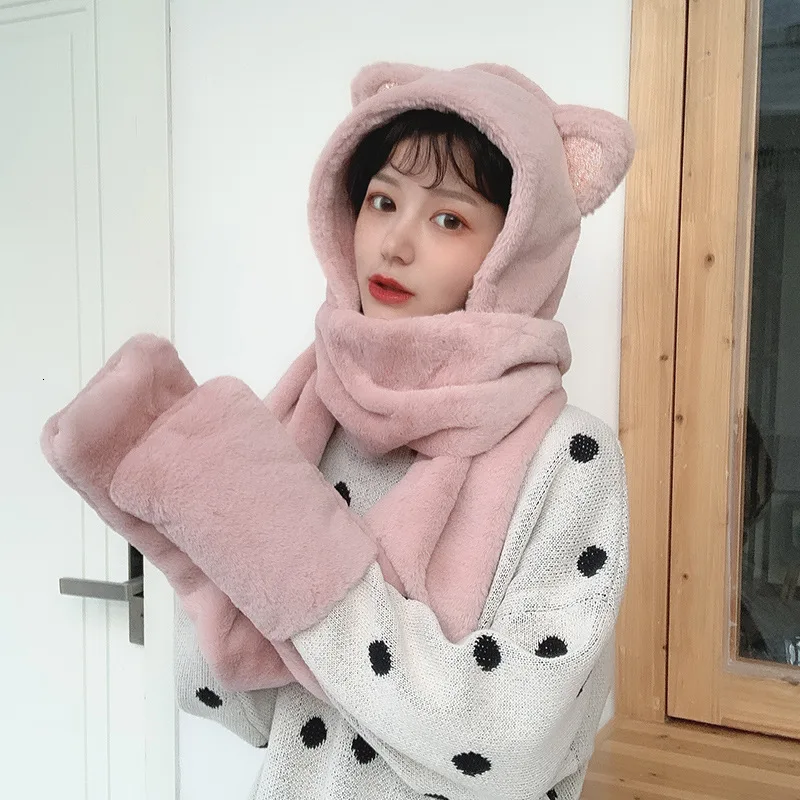 Женские зимние наушники, шапки Kawaii, кошачьи ушки, шапка с длинным шарфом, перчатки, плюшевые теплые мягкие милые шапки с героями мультфильмов для девочек