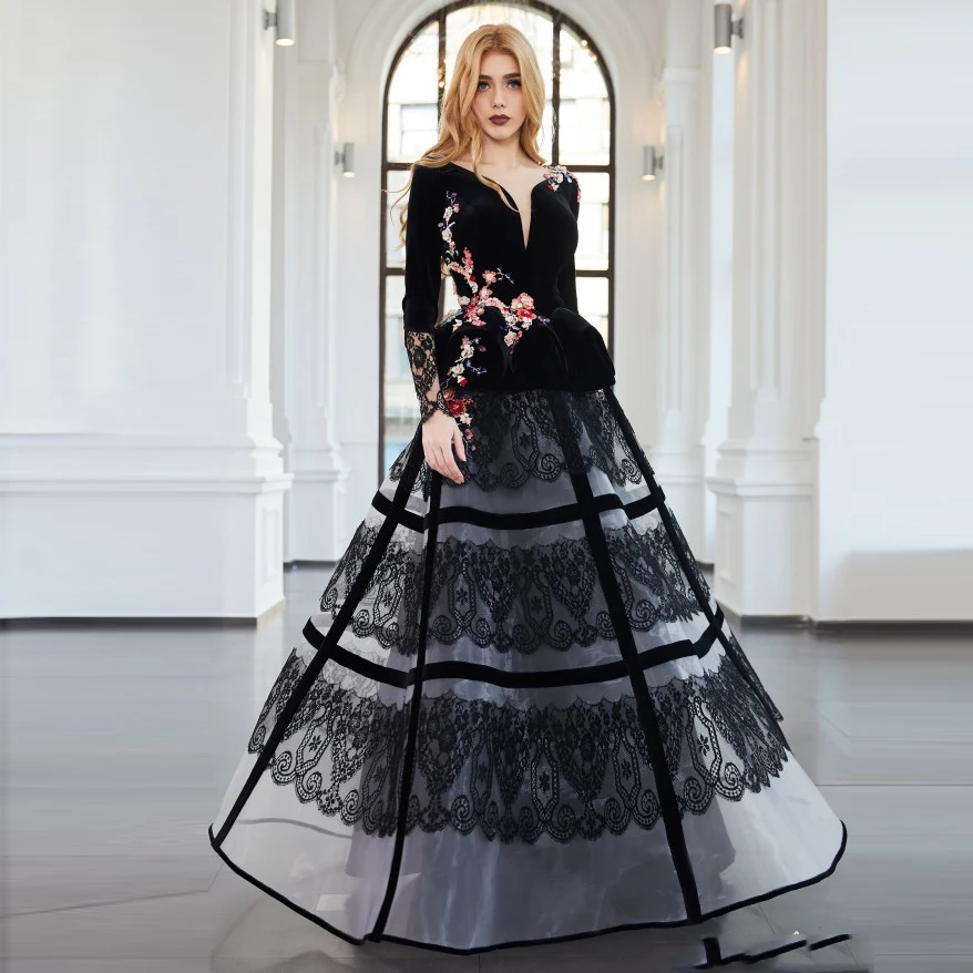Black Готическое черное кружевное ТРАПЕЦИЕВИДНОЕ вечернее платье с длинными рукавами, красочная аппликация выпускные платья, вечернее платье Среднего Востока - Color: Black