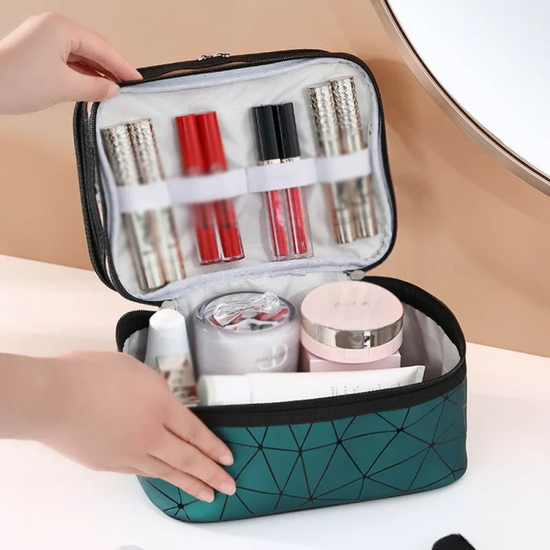 Double-layer Cosmetic Bag Plaid Large Capacity Casual Female Portable Travel Bag TPU Zipper Makeup Bag