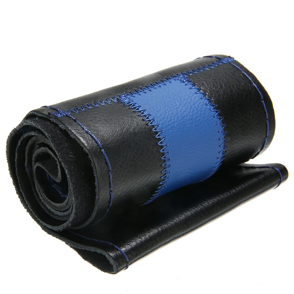 1PC Black+Blue DIY Car Steering Wheel Cover Genuine Leather  Covering 38cm W/ Needles Thread For Auto Decorative Accessories