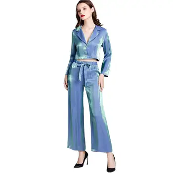 

Women Shiny Long Sleeve 2 Piece Pajamas Set Notched Lapel V-Neck Tops Wide Leg Pants Metallic Wet Look Sleepwear Loungewear