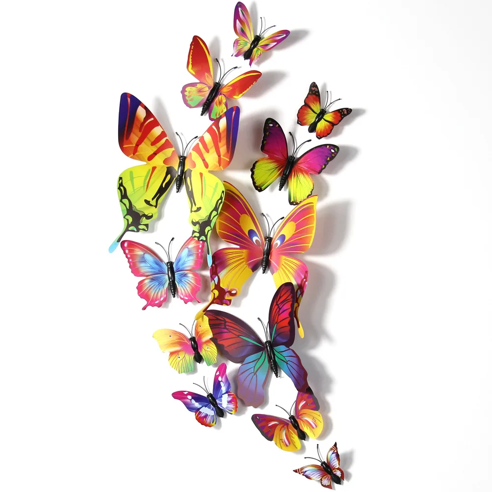 12 шт многоцветные двухслойные Крылья 3D бабочки настенные стикеры магнит ПВХ бабочки вечерние украшения для детской спальни наклейки на холодильник s