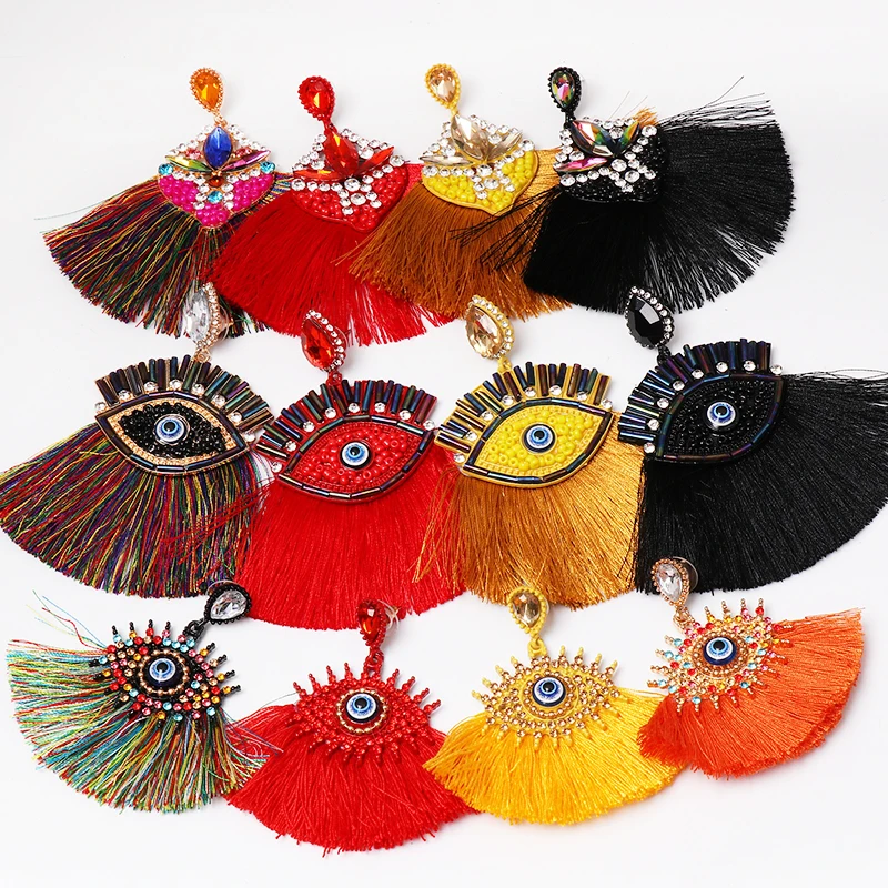 

JUJIA Big Eye Tassel Statement Earrings Women Girl Wedding Handmade Crystal Drop Earrings Party Gifts Ethnic Style Earrings