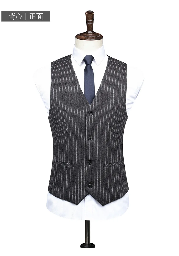 Lansboter Boutique Grey Stripe Set Suit Men Slit Business Suit Slim Fit Formal Wear Business Wedding Case West