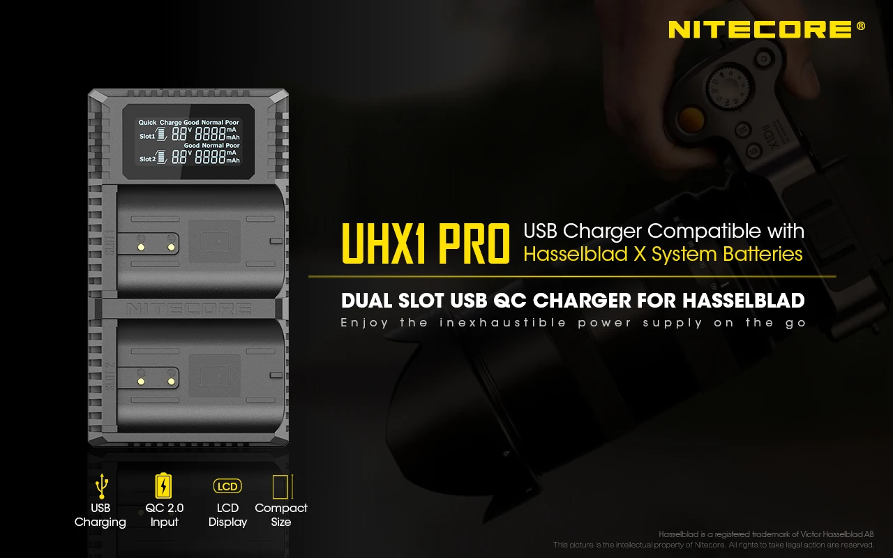 Nitecore UHX1 PRO Двойной слот зарядное устройство для путешествий камеры для Hasselblad X системы батареи Совместимые модели: X1D 50C, X1D II 50C
