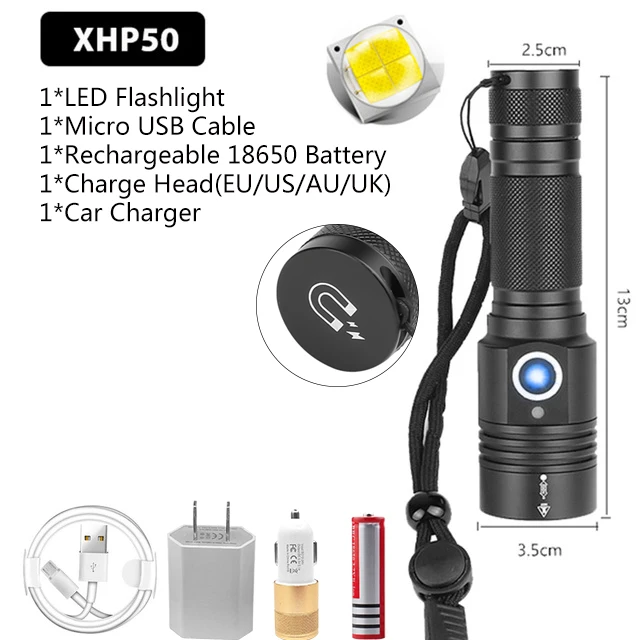Package C Мощный фонарик XHP70.2, перезаряжаемый через USB, светодиодный фонарь, тактический фонарь XHP50, Xlamp, фонарик с зумом, водонепроницаемый фонарь, 18650 - Испускаемый цвет: Package C