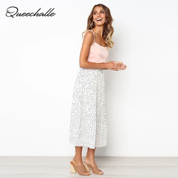 

White Dots Print Pleated Midi Skirt Women Elastic High Waist Side Pockets Skirts Summer 2020 Elegant Loose Female Bottom
