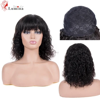

Water Wave/Kinky Curly Human Hair Wigs With Bangs Full Machine Made Wig With Bangs Remy Brazilian Hair Wigs Natural Black
