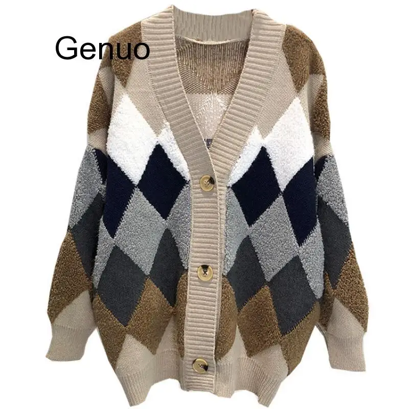 

Women's Sweaters Autumn Winter 2019 Fashionable Casual Plaid V-Neck Cardigans Single Breasted Puff Sleeve Loose 2020 New Fashion