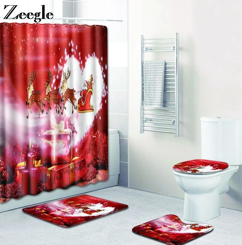 Zeegle Christmas 4pcs Mat Set Bathroom Curtain Anti-slip Toilet Cover Seat Mat Washable Toilet Pedestal Rug Absorbent Toilet Rug