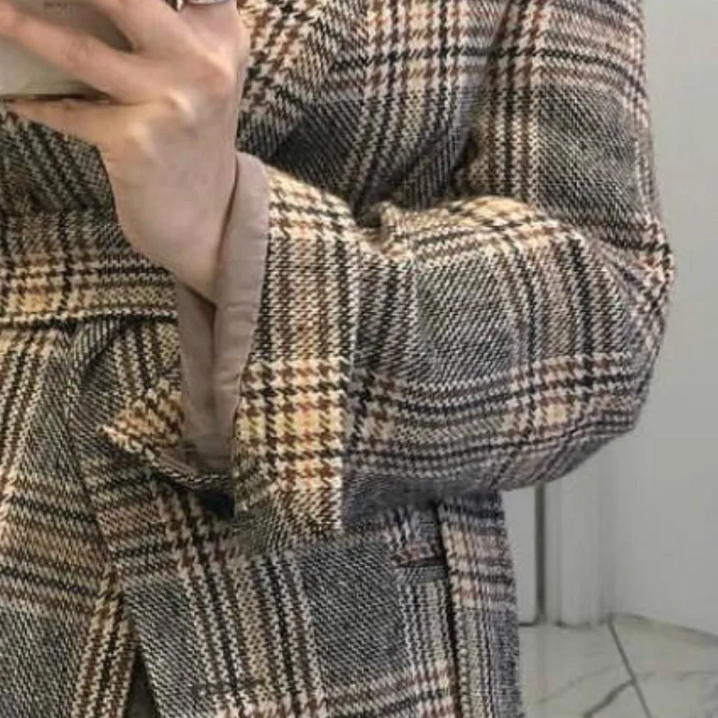 Neploe Chic Plaid Striped Single Breast Work Office Style Blazer Feminino Slim Waist Lace Up Turn Down Collar Long Sleeve Coat
