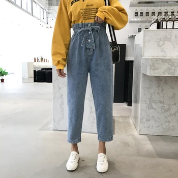 

Ruffles Jeans Woman Autumn Elastic Waist Boyfriend Trousers Vintage Jeans Denim Korean Sashes Button Harem Pants Plus Size V838
