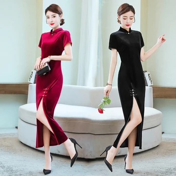 

2020 short sleeve qipao long dresses sexy dress black dragon&phoenix chinese traditional gown women satin cheongsam qipao