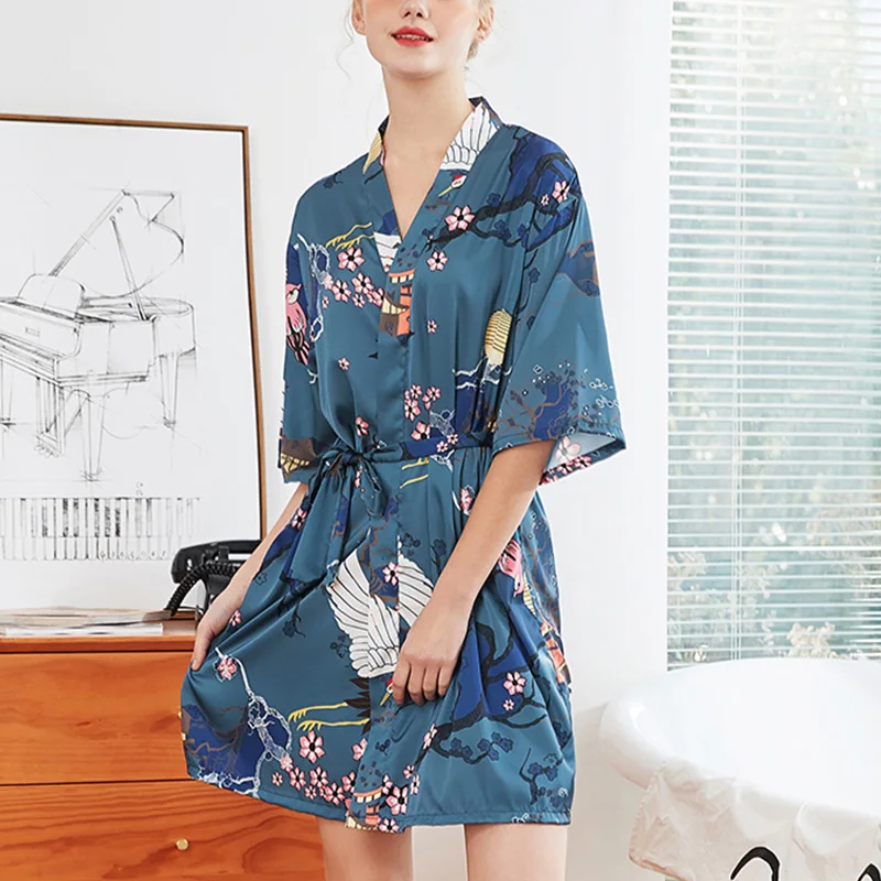 Spring Summer Loose Home Thin Section Short Print Sleeves Cardigan Belt Pajamas Women