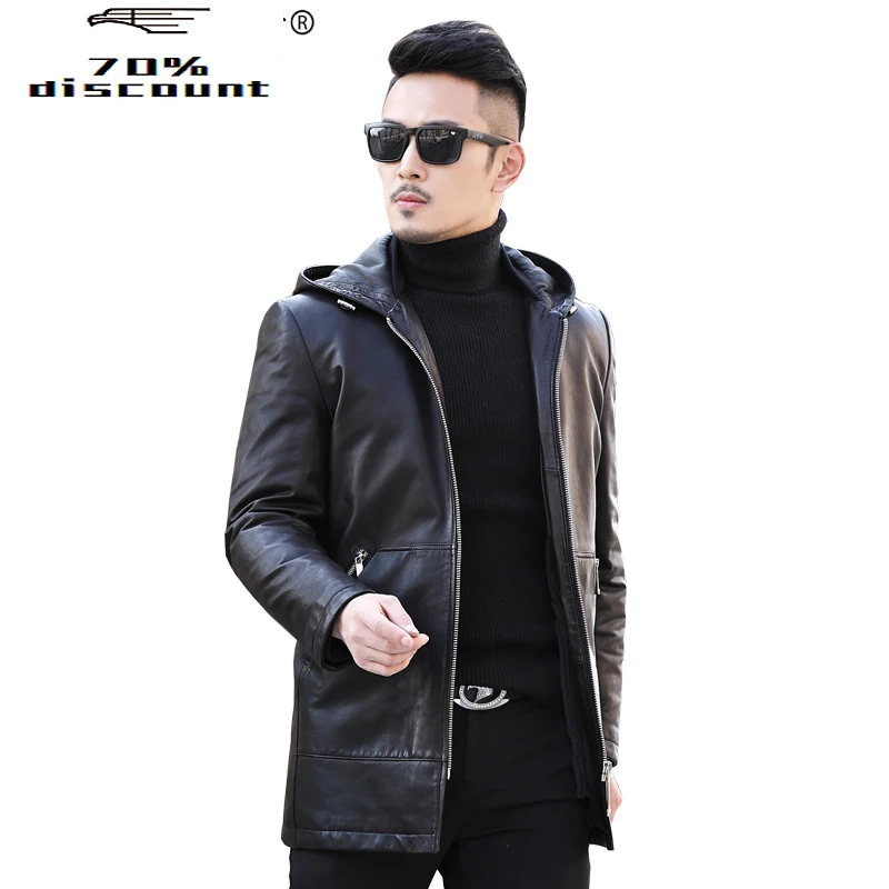 

Genuine Leather Jacket Autumn Winter Long Coat Men Goatskin Down Jacket Hooded Hat Chaqueta Cuero Hombre F-8586 KJ2435