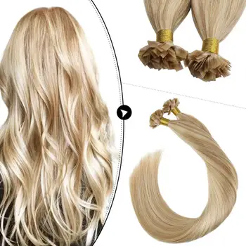 

Ugeat Human Hair Extensions Hot Fusion Flat Tip Hair Extensions for Salon Highlight Blonde Color Hair #P27/60 1g/1strand