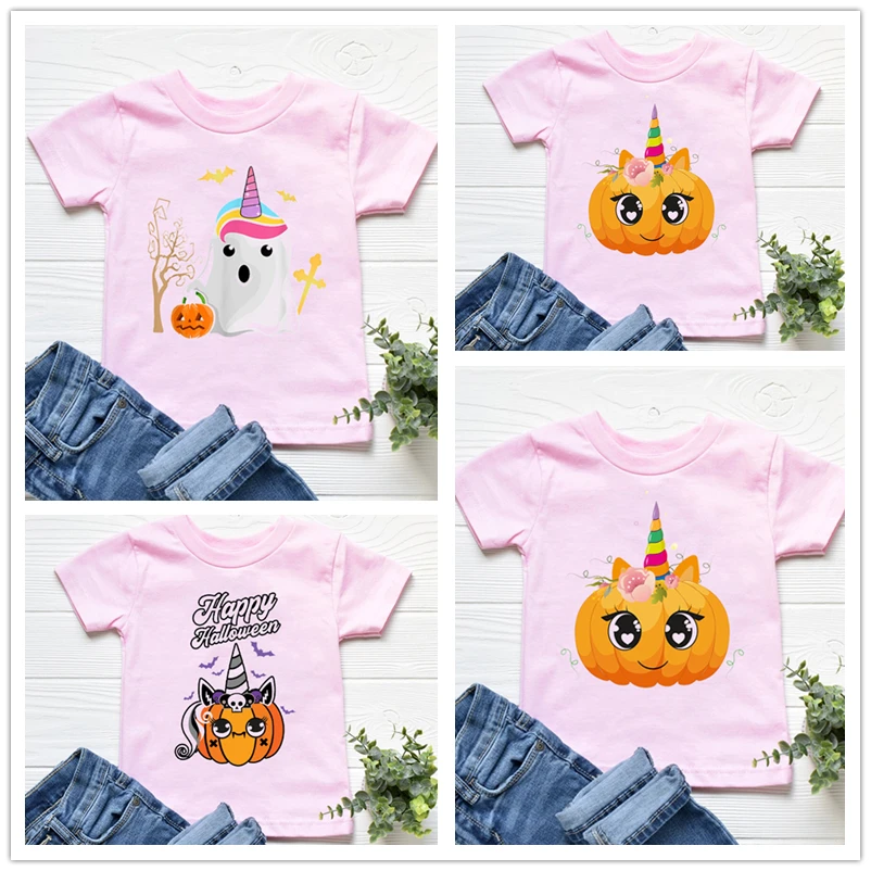 

2022 Kawaii Unicorn Pumpkin Face T-Shit Happy Halloween T Shirt Vintage Short Sleeve T-Shirts Boy Girl Tshirt Tees Top