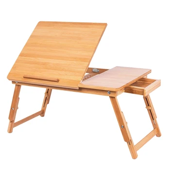 

Laptop Stand Natural Bamboo Foldable Breakfast Serving Bed Tray Lap Desk with Tilting Top and Side Drawer