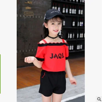 

Girls Off-the-Shoulder Clothing Set New 2020 Summer Children's Active Sets 3 Colors 2 Piece Size4-14 Kids Clothes Sets ly153