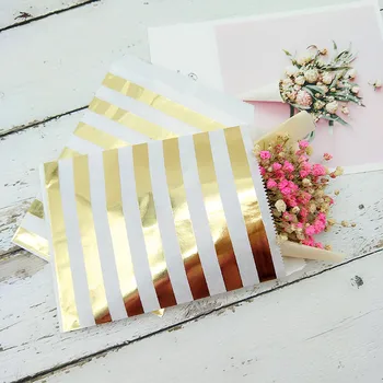 

200 Metallic Rose Gold Polk Dot Paper Bags 5 x 7.5"Foil Rose Stripe Wedding Favor Bags Candy Buffet Bridal Shower Favor Bags