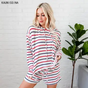 

Plus Size Pajamas S-5XL Women Sleepwear Set Ladies Long Sleeve Striped Hooded Tops Shorts Autumn Two Pieces Lounge Pajama Set