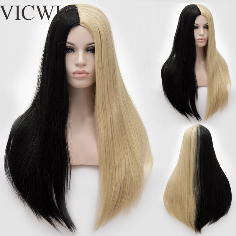 Длинный двухцветный черный и светлый парик VICWIG косплей прямые средней линии