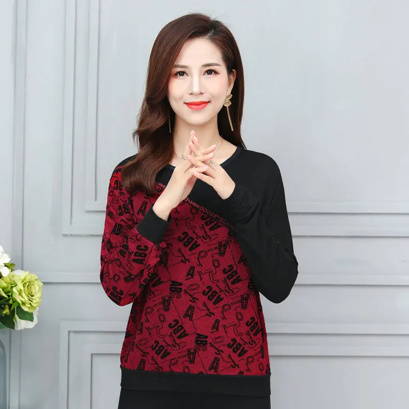 

Women Long Batwing Sleeve Blouses Red Khaki Letter Pattern Printing Patchwork Design Top Female Leisure Daily Clothes Plus Size