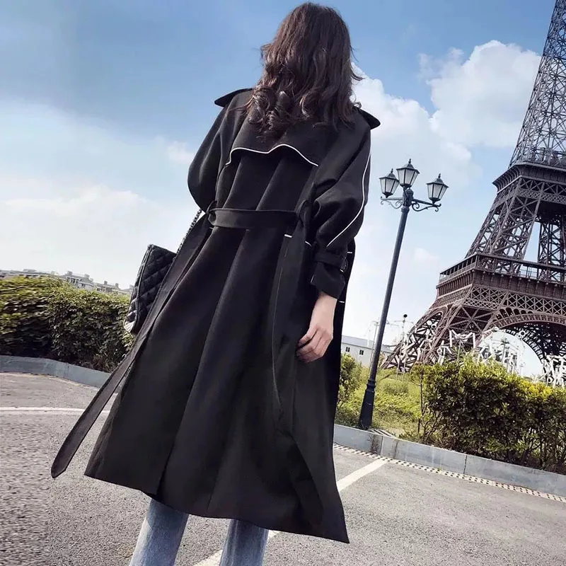 

Harajuku Mid-length Women Black Trench Coat Plus Sashes Casual Loose Autumn 2021 Elegant Casaco Feminino Windbreaker Outerwear