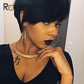 

Pixie Cut Wig Straight Hair Wig Machine Wig Natural Black Color Brazilian Pixie Wig Human Hair Wigs Short Bob Wigs For Women