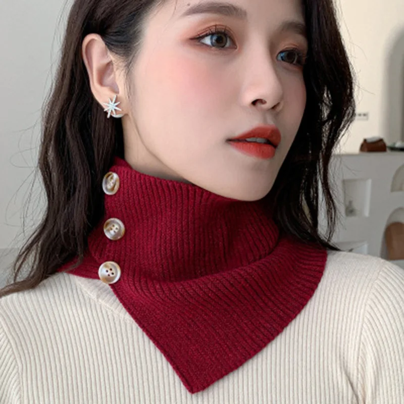 Fashion Wool Knit Windproof Warm Scarf Winter Thick Elastic Button Soft False Collar Neck Guard Scarves Women Bib Pullover O24 |