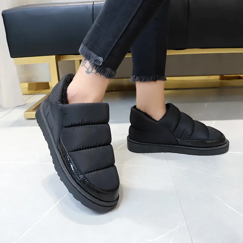 Женская зимняя обувь размера плюс 35-45, плюшевые ботильоны,, зимние сапоги, женская обувь, Черные слипоны, обувь на плоской подошве, женская обувь, N7817