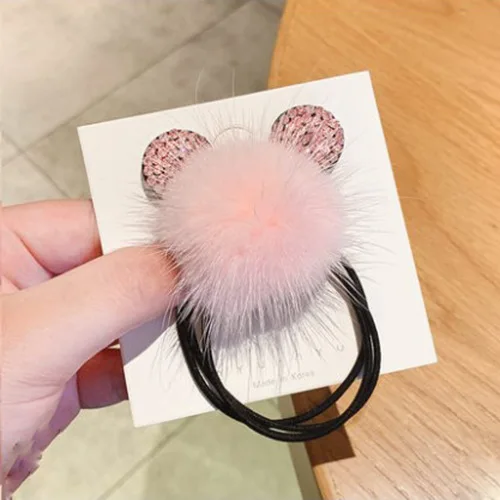 pink hair rope Новые зимние Стразы-шипованные мультфильм мышь заколка для волос шарик милые волосы эластичные резинки девушка мода голова Веревка повязки для волос - Цвет: pink hair rope