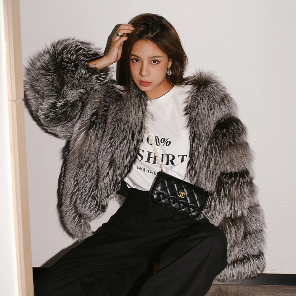 Женская короткая шуба из цельного лисьего меха, теплая зимняя шуба из натурального Меха чернобурки с V-образным вырезом, 2022