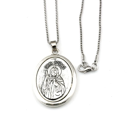 1Pcs / Lots  San Judas Tadeo Ruega Por Nosotros Alloy Charms Pendant Necklaces Jewelry DIY 23.6 Inches Chains A-561d Antique Silver Plated