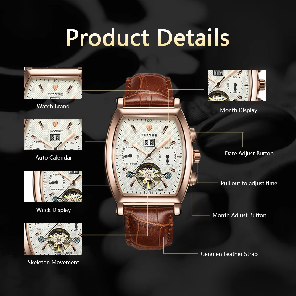 TEVISE Лидирующий бренд Tourbillon автоматические механические мужские часы модные календари недели самообмотки бизнес кожа наручные часы