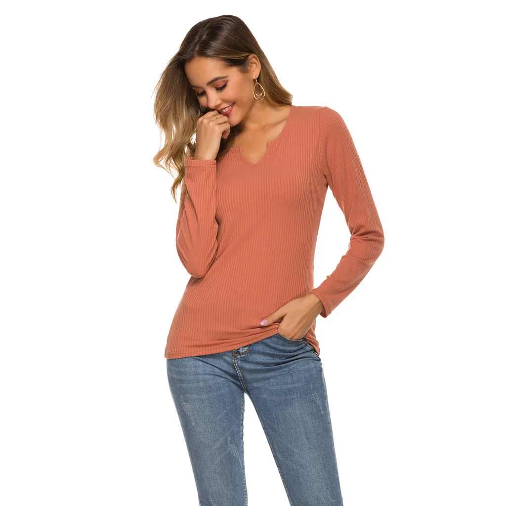 

2020 Spring New Style Bottoming Shirt High Quality Solid Color V-neck Long Sleeve Sweater Shirt Breathable