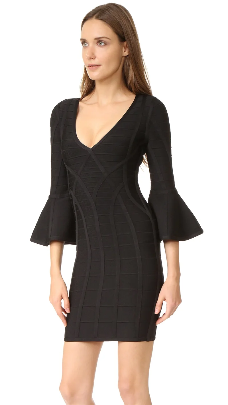Flare Sleeve Deep V Neck Cutout Dress Women Bodycon Celebrity Evening Party Club Vestidos Stretch Mini Winter Bandage Dresses