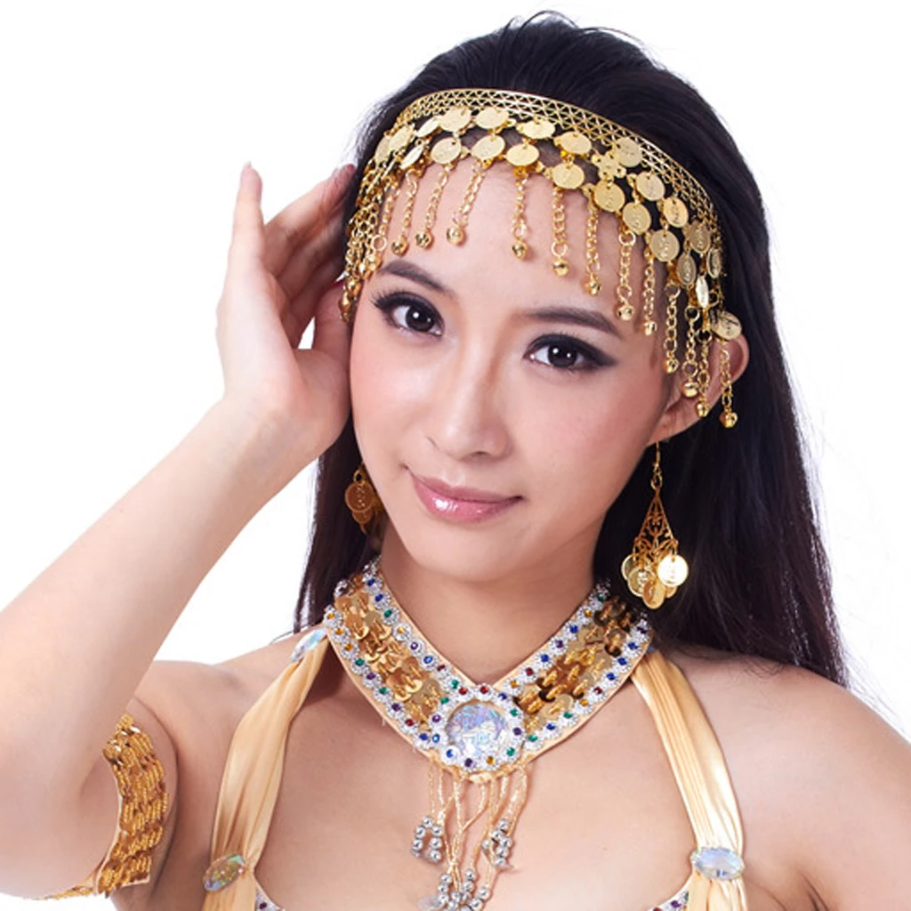 Indian Traditional Belly Dance Headband with Jingling Bells Gold-Toned Dancing Jewelry