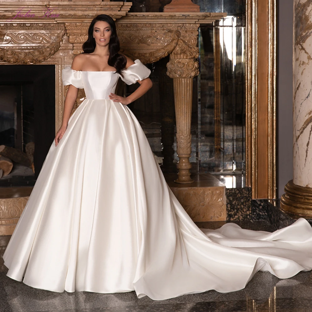 

Julia Kui Off The Shoulder Ball Gown Wedding Dress Lustrous Satin Puff Sleeves Chapel Train Bridal Gowns