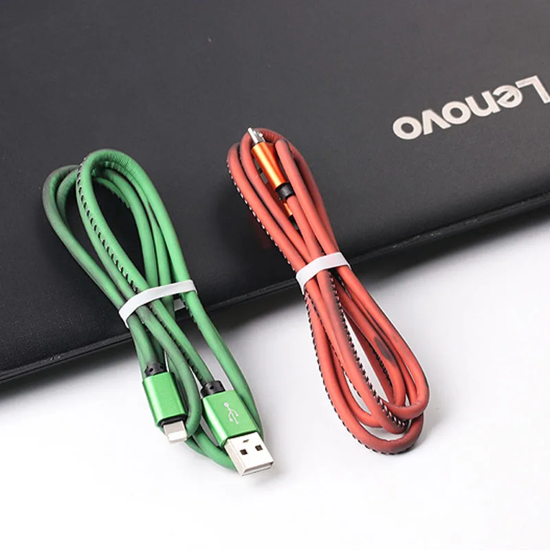 Зарядный кабель для iPhone, Android, Micro USB, универсальный, для мобильного телефона, чувствительный к температуре, меняющий цвет, кожаный кабель для передачи данных