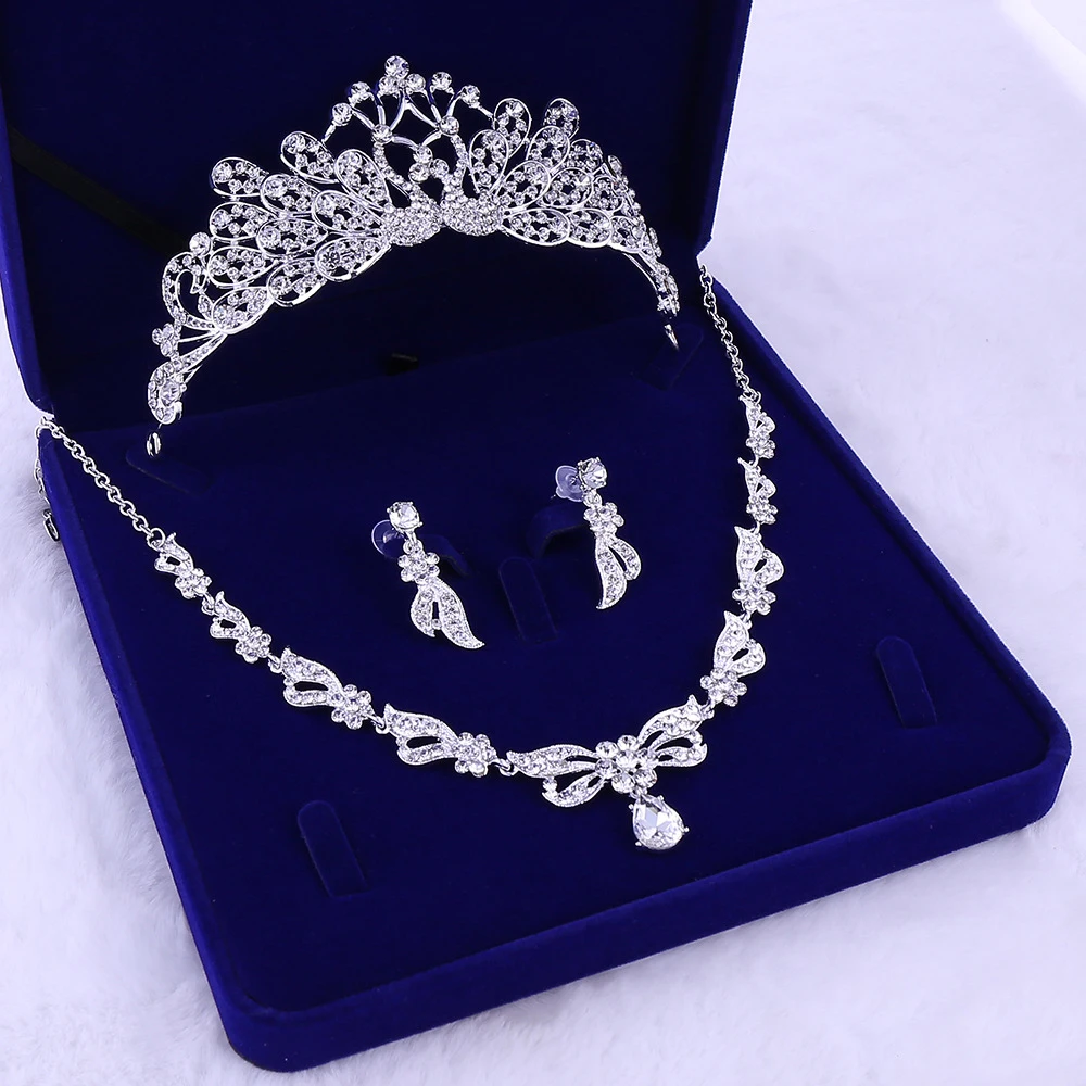 Высокое качество серебряное покрытие Стразы Хрустальная искусственная жемчужина ожерелье+ серьги+ Корона Ювелирный Набор для невесты свадебные