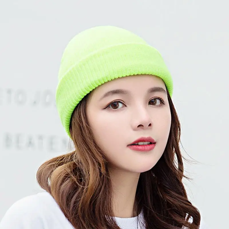 COKK, осенне-зимние шапки для мужчин и женщин, Skullies Beanies, вязаная шапка, шерстяная шапка, мужские шапки для девочек, шапки для мальчиков - Цвет: Fluorescence Green
