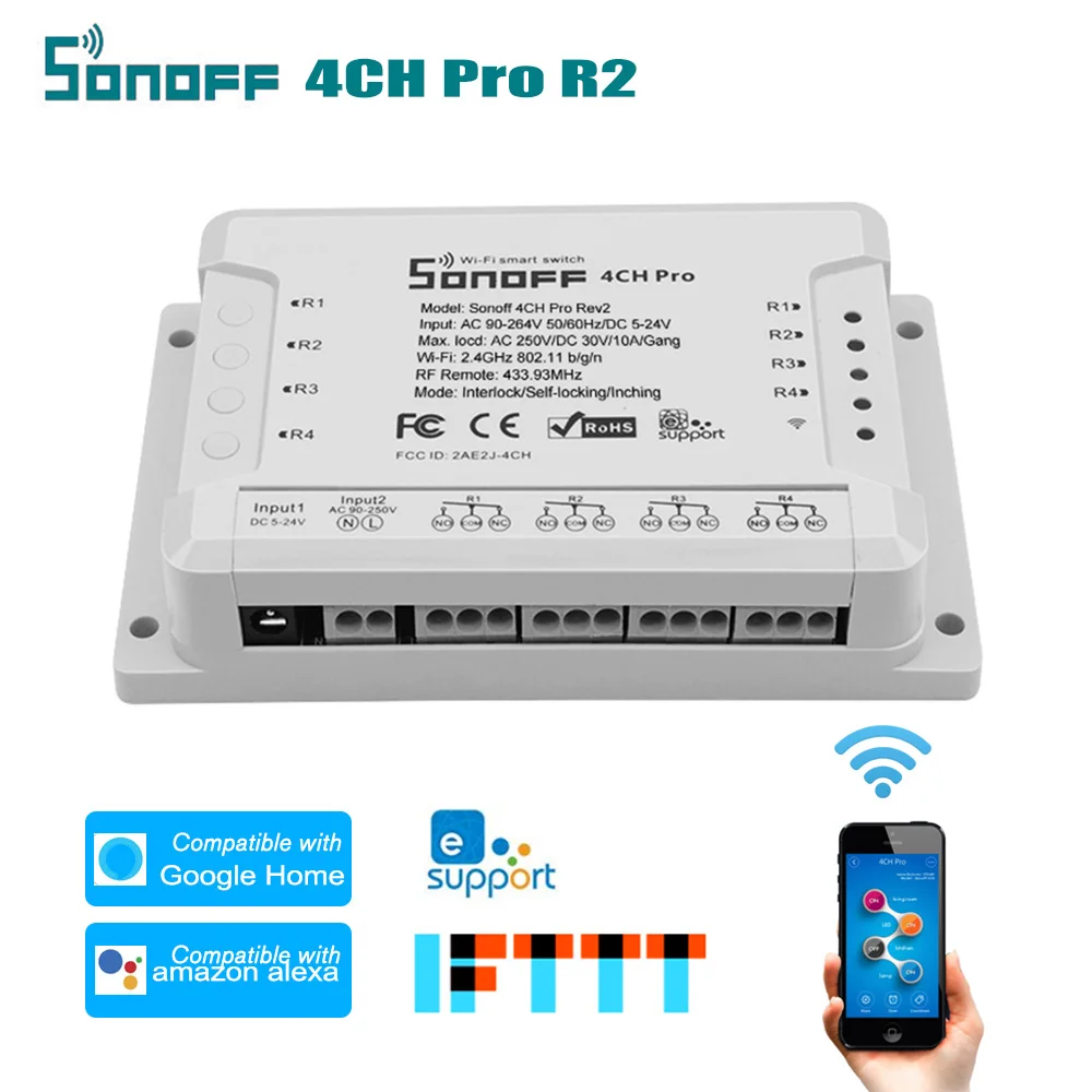 WiFi смарт-коммутатор 4CH Pro R2 433 МГц голос/пульт дистанционного управления Интеллектуальный переключатель совместим с Google-Home/Nest& Amazon-Alexa
