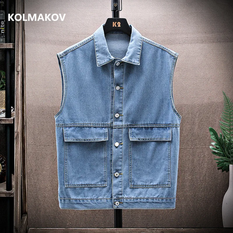 

2021 spring Cotton Jeans Vest Men Sleeveless Denim Jacket autumn Male Cowboy Waistcoat Hip Hop Streetwear size M-3XL