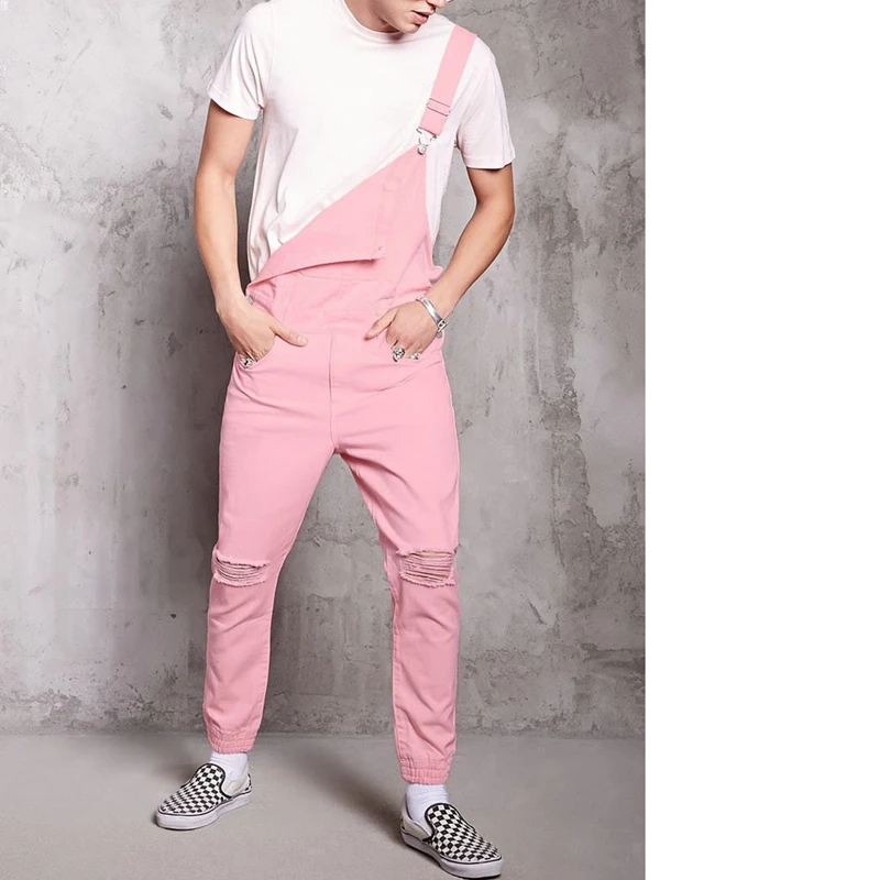 

MJARTORIA 2019 New Pink Fashion Men's Ripped Jeans Jumpsuits Hi Street Distressed Denim Bib Overalls For Man Suspender Pants