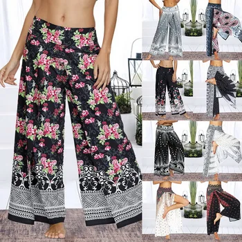 

2020 Fashion Beach Wear Women Palazzo Wide Leg Pants Summer Casual Boho Print Pants Plus Size High Waist Pants Loose Streetwear