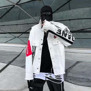 

Harajuku Streetwear Ribbon Graffiti White Jean Jacket Men Oversize Single Breasted Hip Hop Denim Jacket Loose Casual Coat