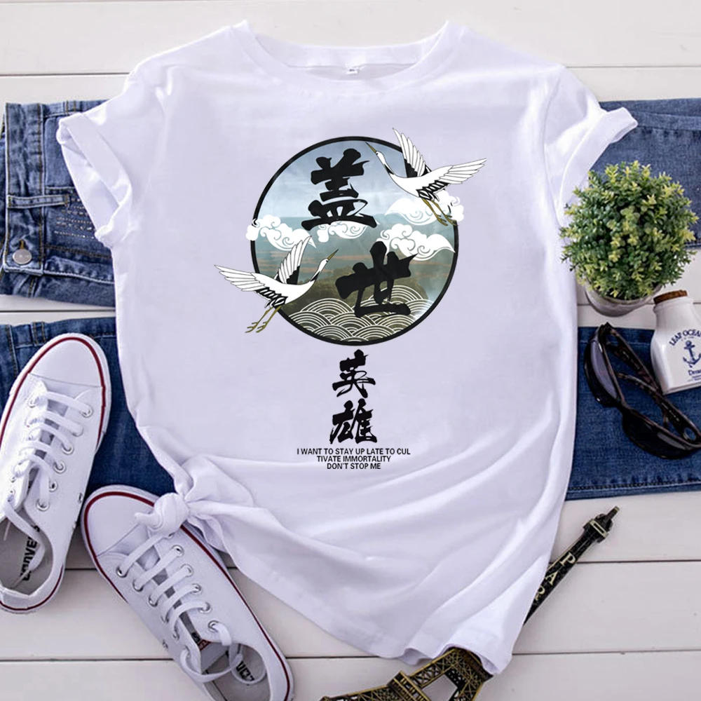 

T-Shirts Woman Two Cranes Japanese Pattern Print Women Tshirts Oversized Harajuku T Shirts For Women'S Kawaii Fashion Tee Tops
