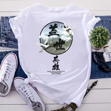 Cheap T-Shirts Woman Two Cranes Japanese Pattern Print Women Tshirts Oversized Harajuku T Shirts For Women'S Kawaii Fashion Tee Tops
