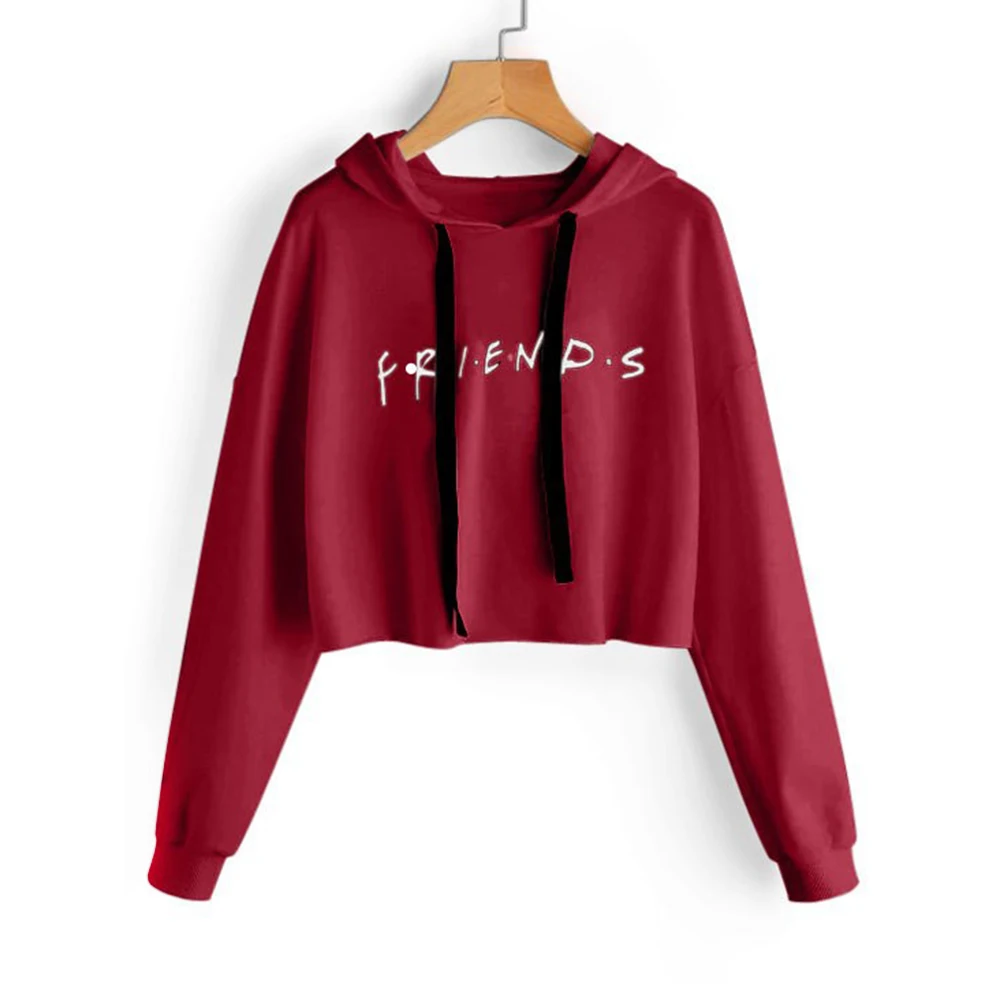 

Friends Letter Printed Long Sleeve Hooded Sweater Solid Color Full Sleeve Sweatshirts Women Autumn Short Sweatshirt Tops Tees